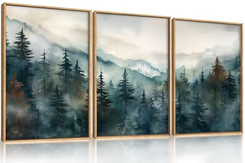 Image of KAIRNE Watercolor Misty Forest Framed Canvas Wall Art Set, Nature Landscape Wall Decor, Foggy Mountain Pine Trees Wall Painting, Jungle Scenery Artwork for Living Room, Bedroom, Office - 24"x36"x3