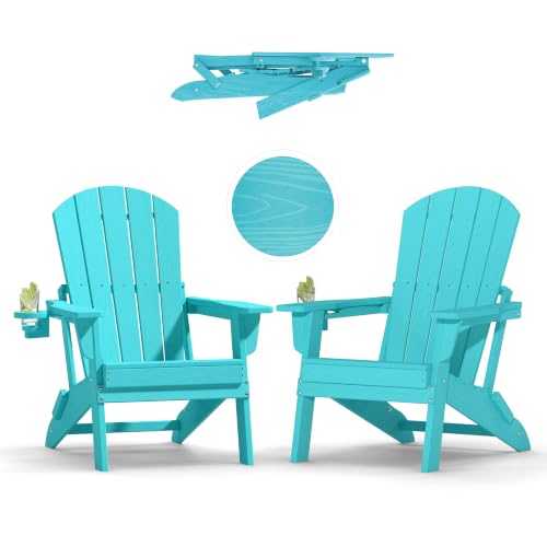 Image of Plawdlik HDPE Folding Adirondack Chair Set of 2 with Cup Holder, Aruba