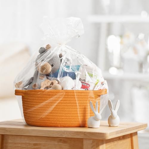 Image of Small Orange Woven Gift Basket, Baskets for Gifts Empty, Cotton Rope Cat Dog Toy Bin Box, Baby Nursery Organizer, Easter Basket with Handle, Shelf Storage Bin, Orange Room Decor, 12 inchx 8 inchx 5 inch