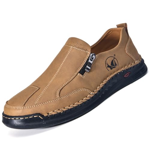 Men's Casual Slip On Leather Loafers Lightweight Hand-Sewn Moccasin Driving Shoes Comfortable Walking Side Zipper Non-Slip Dress Shoes