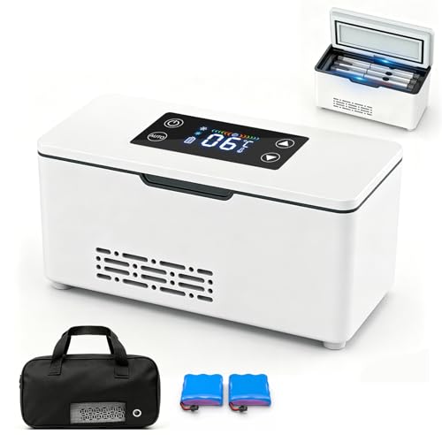 Shulltji Tragbarer Insulin Kühlbox Elektrisch Mini Medikamenten Kühlbox mit 28 C Einstellbar LCD-Temperaturanzeige und Zwei 10200 mAh Batterie für Zuhause Unterwegs & Auto