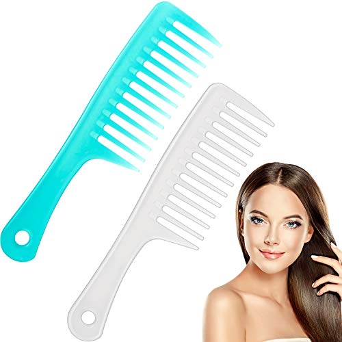 2 Pieces Wide Tooth Combs Round Handle Detangling Combs Large Paddle Hair Combs for Wet Dry Long Thick Curly Hair Everyday Use, Cyan, White