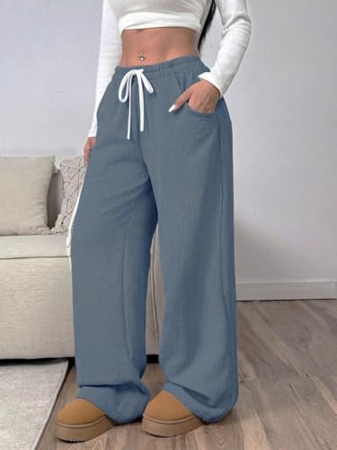 Image of Women's Trendy Korean Trouser with Pockets, Casual Corduroy Stretchable Baggy Loose || High Rise Elastic Waist Going Out Lounge Pants || Wide Leg Pants for Woman