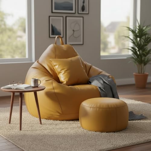 Image of KAM'S LIEU 6XL Jumbo Premium Bean Bag Chair with Footrest & Cushion | Filled with High Density EPS Beans | Comfortable Sofa for Living Room & Bedroom | 6 Months Warranty, Color- (YELLOW, 6XL, Premium)