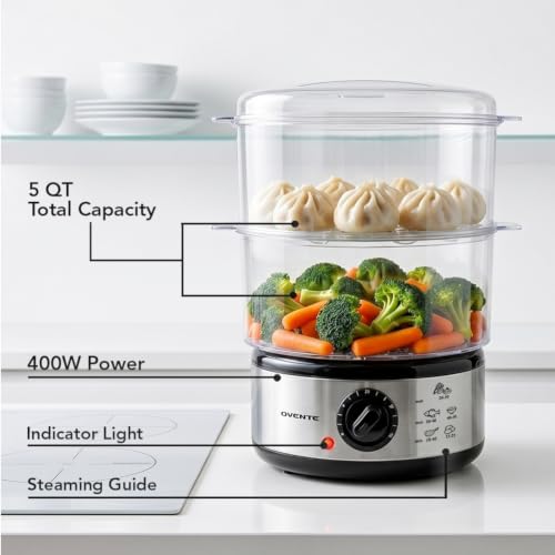 Image of OVENTE 2-Tier Electric Food Steamer, 5 Quart Stainless Steel Stackable Steam Cooker with 400W Power, 60-Minute Timer & Auto Shut-Off, Dishwasher Safe, Healthy Vegetable & Seafood Steamer, Silver FS62S