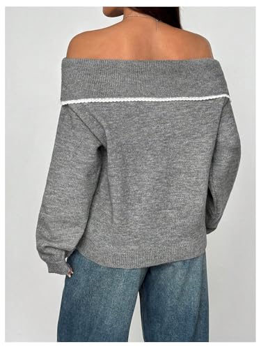 Verdusa Women's Bow Off The Shoulder Pullover Sweaters Y2k Lace Long Sleeve Knit Tops2