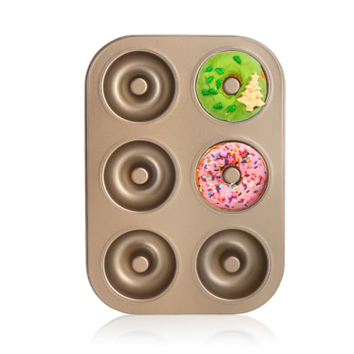TLDBATICE Molde para donuts, 6 unidades, antiaderente, aço carbono, antiaderente, lavável na máquina de lavar louça, resistente ao calor, dourado, para cozinha, forno, sobremesa, forno