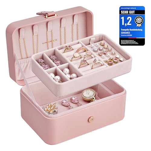 SONGMICS Schmuckkästchen Reise, Schmuckkasten klein, 2 Ebenen Schmuckaufbewahrung, tragbar, Schmuck-Reiseetui, für größere Accessoires, 11 x 16 x 8 cm, Geschenkidee, pastellrosa JBC166R01