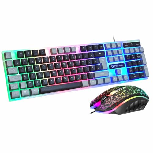 JUSTOP Ensemble clavier et souris filaire USB, lumières LED lumineuses, clavier fin pleine taille, souris de jeu LED, jeu ou affaires, disposition...