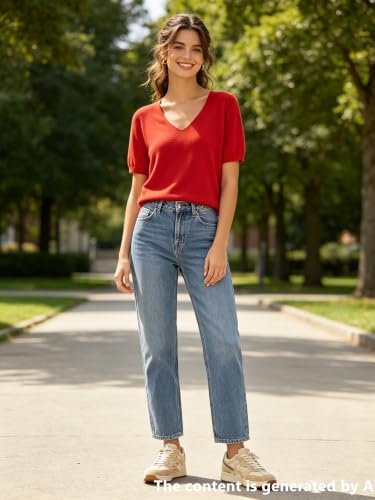 Image of DAIMIDY Women's Short Sleeve Sweater V Neck Summer Knit Tops | Business Casual Tops| Soft,Lightweight,Breathable and Comfortable| Perfect for Shopping,Date,Vacation,Daily Wear Etc.