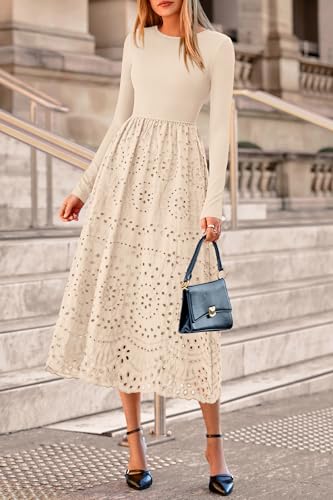 Dowerme Women's Long Sleeve Crewneck Eyelet A-Line Maxi Dress (Various) - image 8