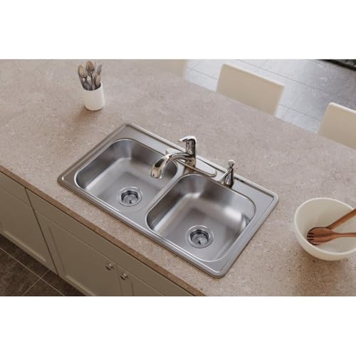Image of Elkay Dayton 33 In. x 19 In. x 6-7 /16 In. Equal Double Bowl Drop-In Kitchen Sink, Stainless Steel - 1 Each