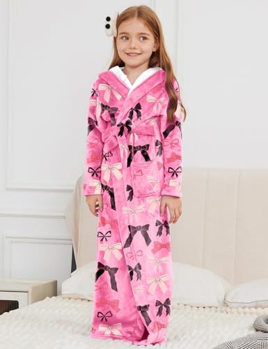 Image of Jxstar Girls Bathrobes Kids Long Hooded Robes Plush Full Length Coral Fleece Pajamas Sleepwear
