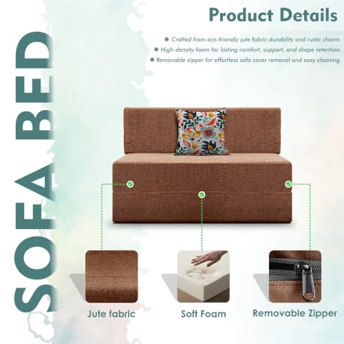 Image of Los Angeles Foldable One Seater Sofa Cum Bed, Sofa Bed 3 X 6 Feet Jute Fabric Washable Cover- Including Cushion Perfect for Living Room - Brown