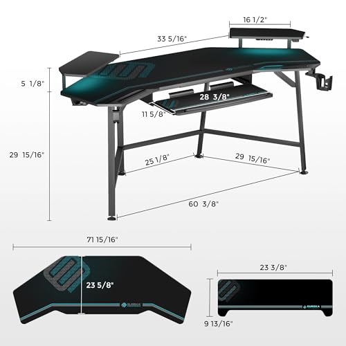 EUREKA ERGONOMIC Aero 72 Inch Gaming Desk with Keyboard Tray, Large Computer Desk Led Lights, Wing-Shaped Monitor Stand Dual Headphone Hanger Cup Holder for Studio,Streamer,Live,Black