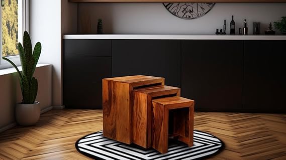 GAID WOOD Table Set - Sheesham Wood, Natural Finish - Versatile and Space-Saving Furniture Trio for Stylish Home Interiors for Functional Living Spaces