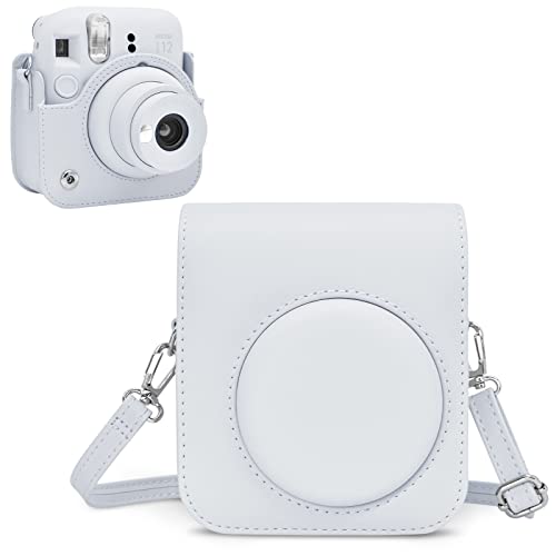 Rieibi Tasche für Fuji Instax Mini 12 – PU Leder Polaroid Schutzhülle für Fujifilm Instax Mini 12 Sofortbildkamera mit verstellbarem Schultergurt – Weiß