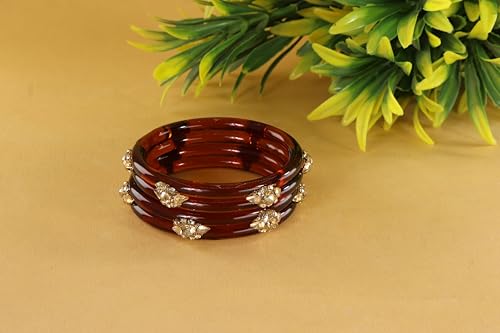 Image of NMII Diamond Glass Bangles Crystal Kada Set For Women & Girls Adorned with Golden Zircon Stones | Trending Girls Bangles Bracelet | Transparent Chudi Kangan For Wedding, Party, Daily, Ethnic- Set of 2