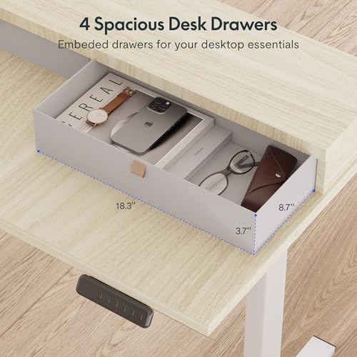 Image of FLEXISPOT 63 inch L Shaped Standing Desk with Shelf Electric Corner Table, Drawers, Adjustable Computer Workstation for Home, Office, 63x55in, Light Maple Top + White Frame