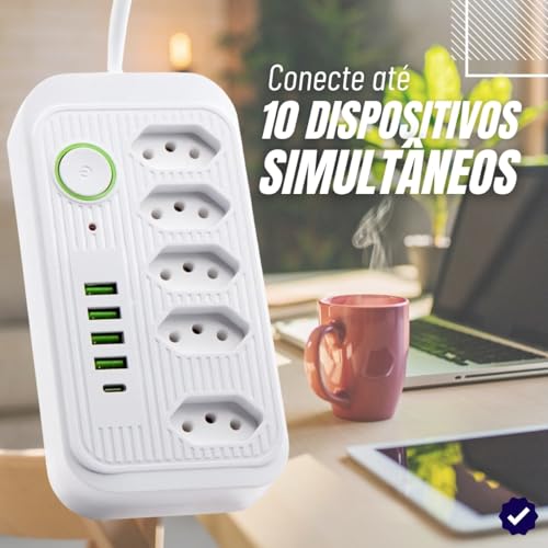 Filtro de Linha Bivolt 5 Tomadas, 4 USB, 1 USB-C, Cabo de 3m, 110-220V, Potência 2500W – Extensão e