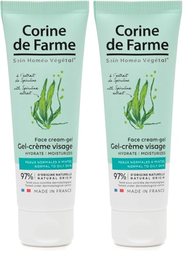 Corine de Farme - Gel Crema Hidratante para el Rostro 50ml - Cuidado Homeo-Vegetal - con Extracto de Espirulina - Piel Normal a Mixta - 97% de Origen Vegetal (Paquete de 2)