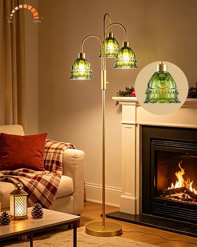 Image of 3-Light Glass Floor Lamp with Green Ribbed Glass Shades, 70 inch Gold Dimmable Tall Standing Lamp with 3PCS 3000K Warm White Bulbs, Modern Tree Pole Lamp for Living Room Bedroom Home Office Corner Decor