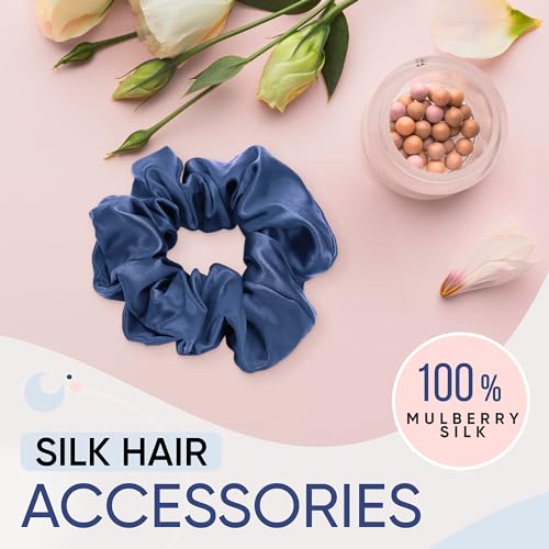 Image of Blissy Silk Scrunchies (3 Pack) - 100% Pure Mulberry Silk - 22 Momme 6A High-Grade Fibers Scrunchie for Straight & Curly Hair - Preventing Breakage, Tangling, & Creasing (Blue Skinny)