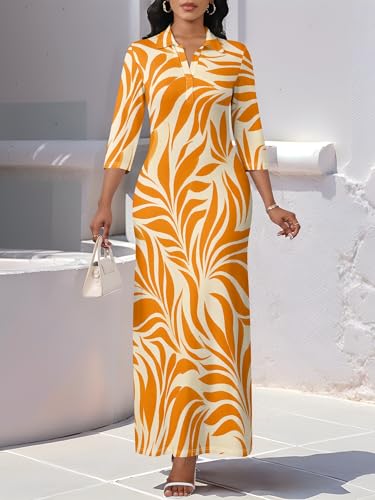 Image of PinkPatty Women's Casual 3 /4 Sleeve Polo V Neck Bodycon Maxi Dress | Semi formal, modest style, long fitted, versatile for church, work, business, office and daily wear