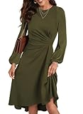 Happy Sailed Midi Dresses for Women Date Night Long Sleeve Empire Ruched Waisted Slim Fit Irregular Hem Flared A-Line High Low Cocktail Party Dress Fashion 2025 Moss Green Large