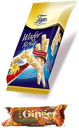 Tago Wafer Rolls with Vanilla Cream - 150g each - Pack of 6 with FREE Munchee Ginger Biscuit