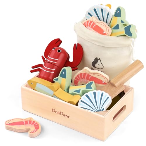 PairPear Wooden Play Food Cutting Seafood Set - Toddlers Wooden Toy Food Pretend Play Kitchen Accessories for 3 Years Old Boys Girls Early Education Toys Gift