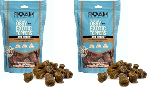 Image of ROAM Pet Treats Ossy Exotic Dog Topper - Single Protein, Sustainably Raised Ostrich Meat Dog Food Topper - Non-GMO Ostrich Dog Treat 4 Ounce (Pack of 2)