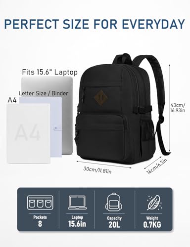Image of Kasqo School Backpack, 20L Dual Compartment Bookbag for Boys Teens, Black | 20L, Machine Washable, Water-Resistant, Fit 15.6 Inch Laptop, Dual Main Compartment, 8 Pockets, Side Compression Buckles