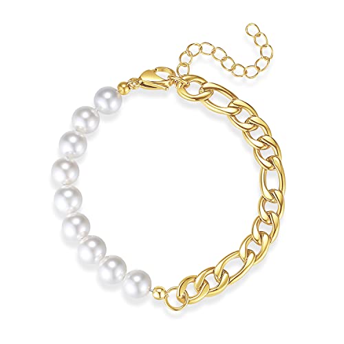 LuxSep Pulsera para Hombre con Perlas de Concha y Cadena de Acero Inoxidable Chapado en Oro Cover