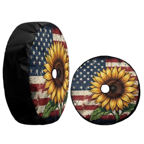 Image of Delerain Spare Tire Cover with Backup Camera Hole Sunflower with USA Flag Wheel Covers Waterproof Dust-Proof UV Sun Universal Fit for Trailer RV SUV Truck (17 Inch for Diameter 31 inch-33 inch)