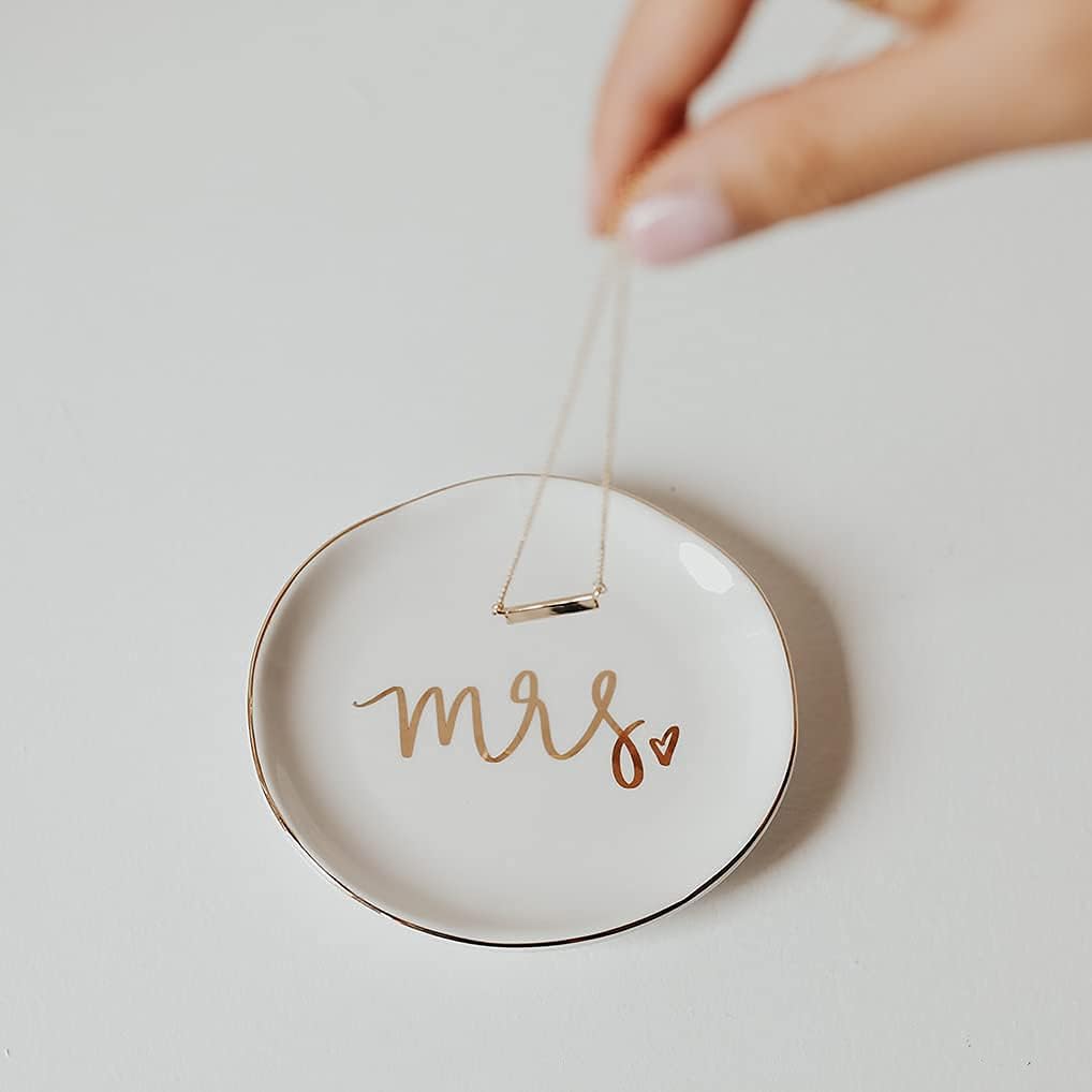 Sweet Water Decor Mrs. Engagement Ring Dish - Ceramic Wedding Ring Dish Holder for Future Mrs - Ring Tray for Jewelry with Gold Foil Accents & Designs - Jewelry Dishes for Women Fiance & Bridal Shower
