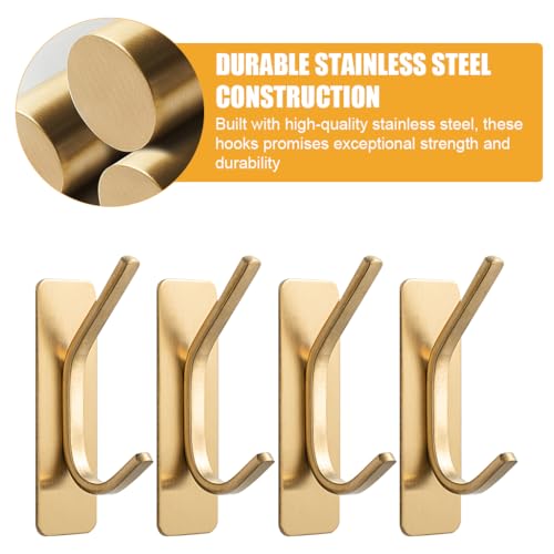 Image of HASTHIP 4 Pcs Stainless Steel Wall Hooks, Golden Twin-Prong Adhesive Mount