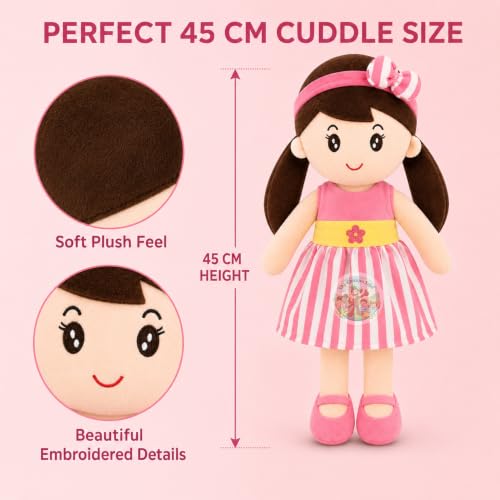 Image of Cute Doll 45 cm for Kids, Soft Plush Doll with Stylish Dress, Huggable Stuffed Toy for Girls and Boys, Birthday Gift, Room Decor, Pretend Play and Storytelling Companion, Pink Soft Toy