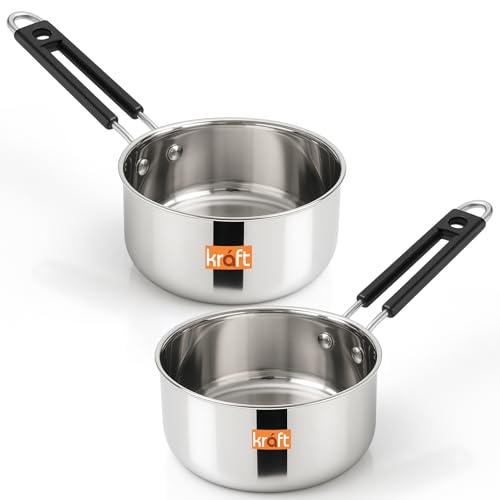 Image of Kraft Stainless Steel Saucepan Combo Set of 2-1 and 1.4 Litre, Durable and Versatile Sauce Pan for Tea, Riveted Sturdy Bakelite Handle, Induction & Gas Base, for Chai, Milk, Soup, Egg