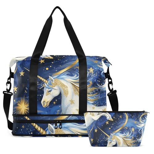 Cartoon Cute Blue and Gold unicorns Overnight Travel Duffel Bag Weekender Overnight Bag with Adjustable Strap for Business Trips 2 Pcs Set2