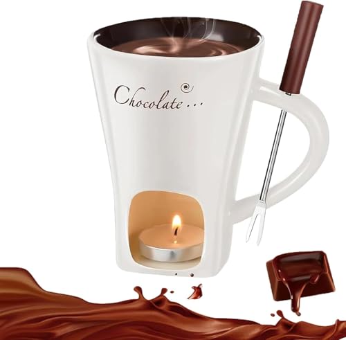 Yanmis Mug de Fusion au Chocolat, Tasses à Fondue de Fusion au Chocolat avec des Fourches en Céramique Tasses Beurre Chaud pour Rendez-Vous Les Cadeaux de Mariage d'anniversaire de Nuit (White)