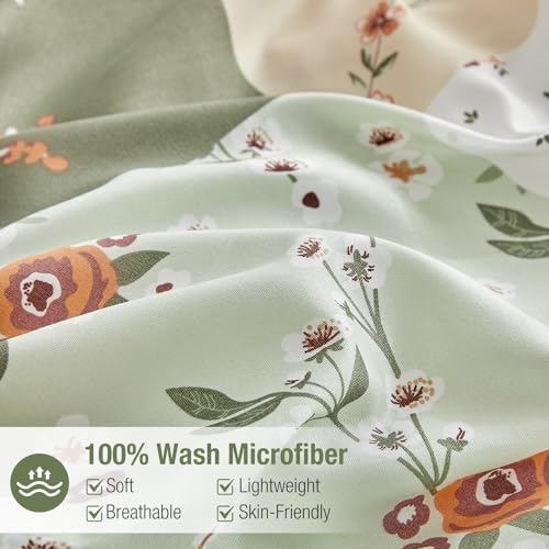 Image of Lekesky King Size Duvet Cover Set, Patchwork Floral 3 Pieces Reversible Green Duvet Cover Set, Ultra-Soft Microfiber 3 Pieces Comforter Cover with Zipper and Corner Ties, Includes 2 Pillowcases