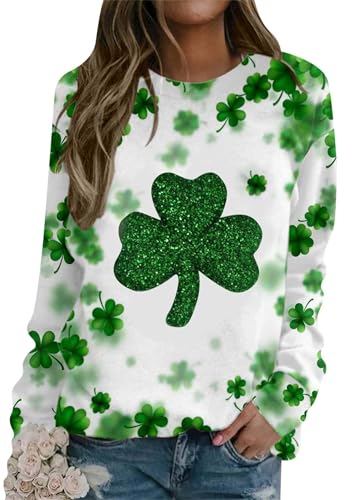 Image of Womens St. Patrick Day Lucky Clover Sweatershirt Crew Neck Long Sleeve Blouse Graphics Tie Dye Pullover