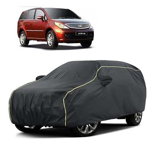 Image of Sulfar 100% Water Resistant Car Body Cover Compatible with Mirror for Tata Aria (Triple Stitched, Full Bottom Elastic, Dark Grey Taffeta with Yellow Piping)