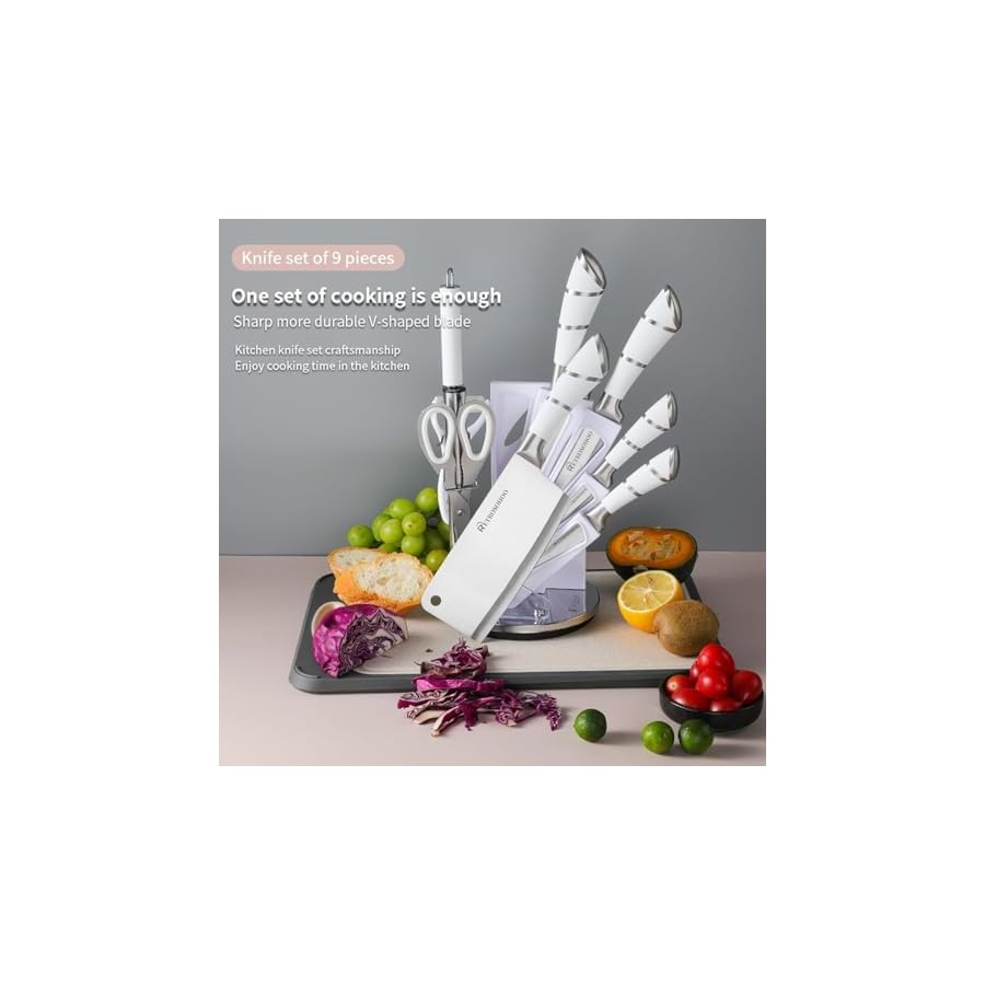 Kitchen Knife Set, Retrosohoo 9-Piece White Sharp Non-Stick Coated Chef Knives Block Set, Stainless Steel Knife Set for Kitchen with Sharpener for Cutting Slicing Dicing Chopping (White)