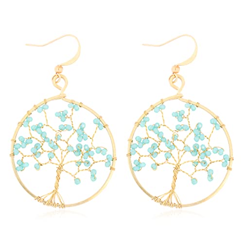 Bohemian Beaded Statement Earrings - Lightweight Sparkly Crystal Round Dangle Drop, Multi Color Rainbow Circle Hoops