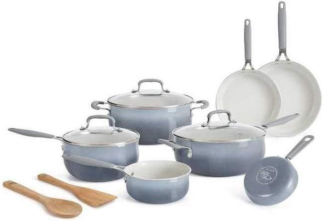 12-piece porcelain enamel ceramic cookware set in ombre teal blue