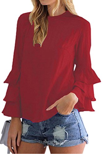 Mujeres Casual Camiseta con Volantes De Manga Larga Tunica Plus Size Top tee Red XL