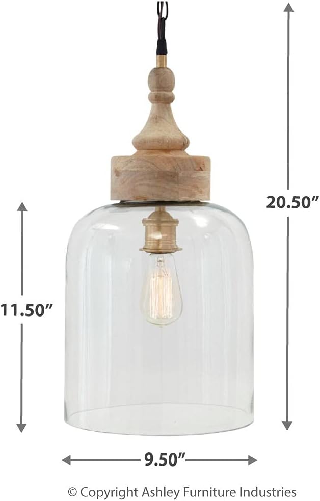 Signature Design by Ashley Faiz Rustic 20.5" Natural Wood & Glass Pendant Light, Brown & Clear
