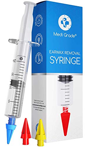 Medi Grade Kit de Jeringuilla para Limpieza de Oídos y 3x Puntas Suaves para Sacar Cera - Limpiador de Oídos Reutilizable - Mejora la Audición y la Salud del Oído - Limpia Oídos Profesional Casero